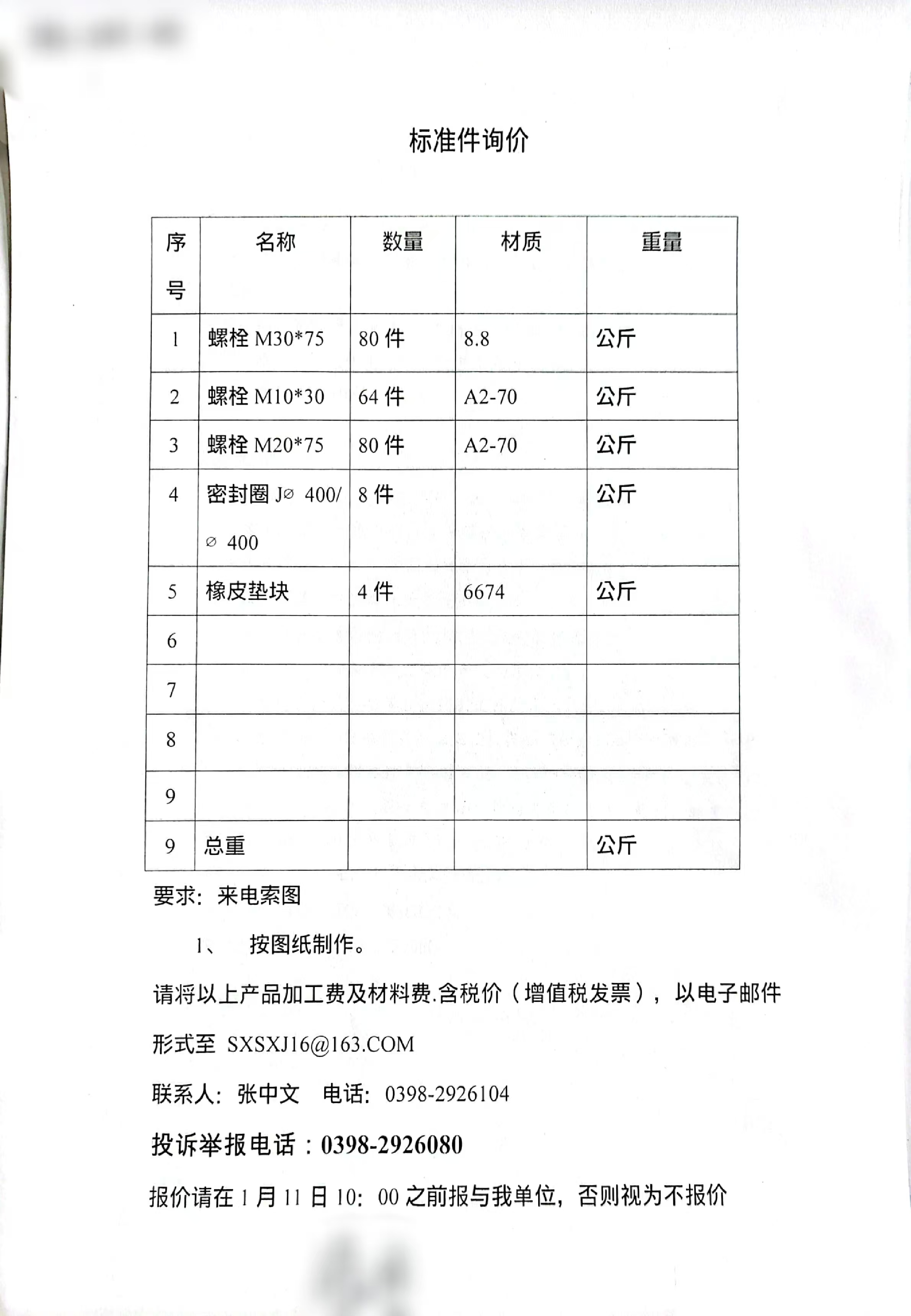 1月9日：標準件詢價